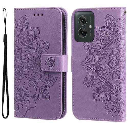 Funda de Cuero Motorola Moto G55 con Relieve Flores Siete Pétalos (Morado Claro)