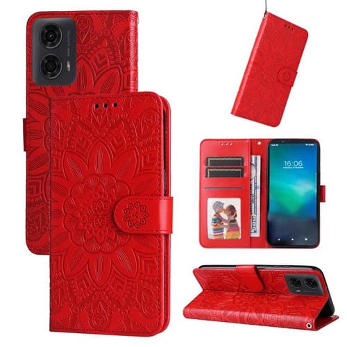 Funda de Piel para Motorola Moto G04/G04S/G24/E14 con Diseño de Girasol en Relieve (Roja)