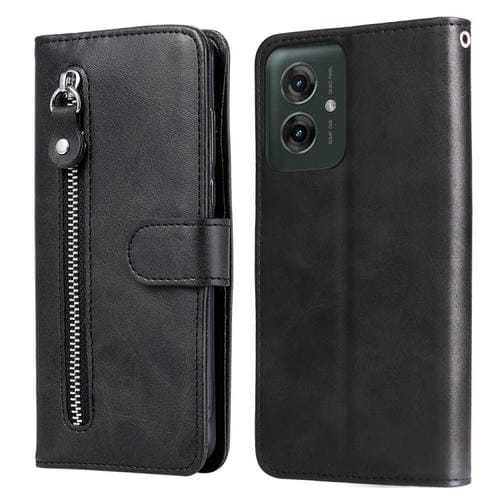 Funda de Piel con Cremallera y Textura de Becerro para Motorola Moto G55 (Negra)