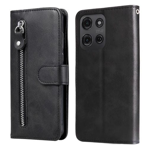 Funda de Piel con Cremallera y Textura de Becerro para Motorola Moto G75 5G (Negra)