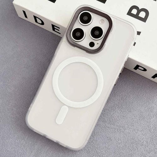 Funda hĂbrida TPU y PC con marco Lente diamante para iPhone 15 Pro Magsafe (Blanca)