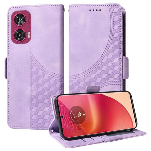 Funda de Cuero con Rombos en Relieve y Estrellas para Motorola Edge 50 Fusion (Morado)