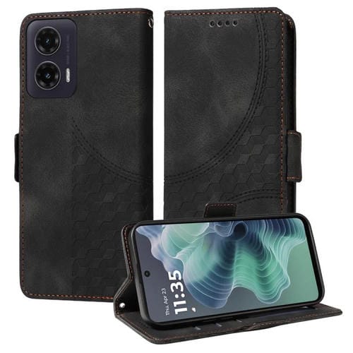 Funda de Cuero para Motorola Moto G35 con Rombos en Relieve y Estrellas (Negra)