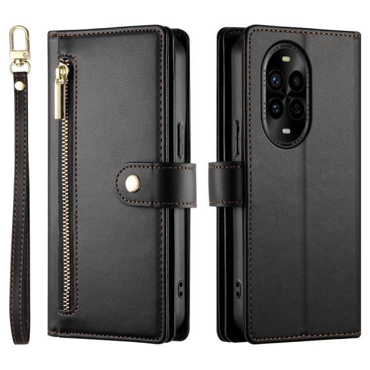 Funda de Cuero Huawei Nova 13 Pro con 9 Ranuras para Tarjetas y Cremallera (Negra)