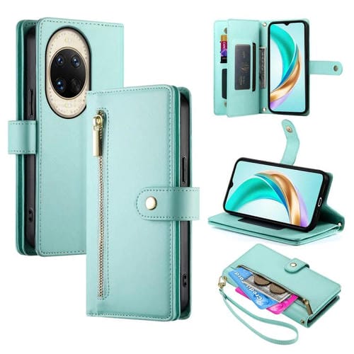 Funda de cuero con nueve ranuras para tarjetas y cremallera para Huawei nova 14 Ultra (verde menta)