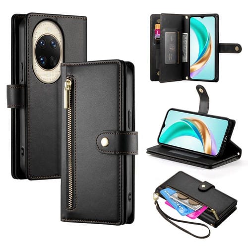 Funda de cuero con nueve ranuras para tarjetas y cremallera para Huawei nova 14 Ultra (negra)