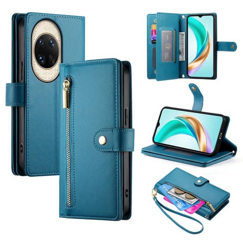 Funda de cuero con nueve ranuras para tarjetas y cremallera para Huawei nova 14 Ultra (azul)