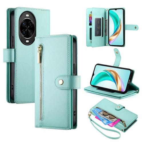 Funda de cuero con nueve ranuras para tarjetas y cremallera para Huawei nova 14 Pro (verde menta)