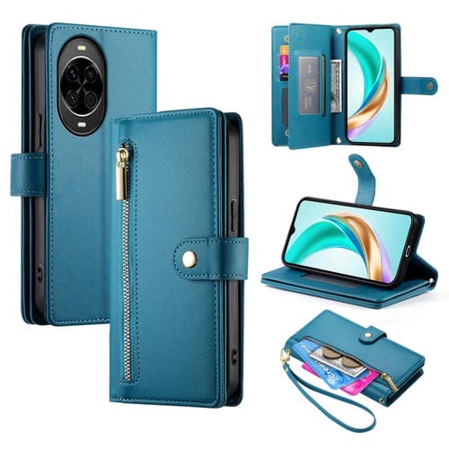 Funda de cuero con cremallera y ranuras para tarjetas para Huawei Nova 14 (azul)