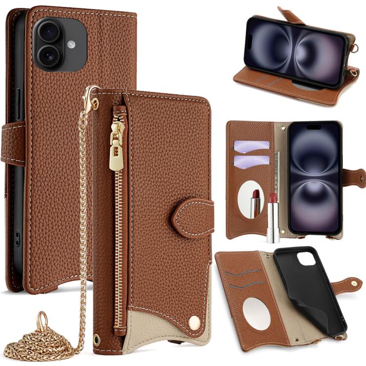 Funda de Piel de Lichi con Diseño de Cola de Pez y Cadena Cruzada para iPhone 16 Plus (Marrón)