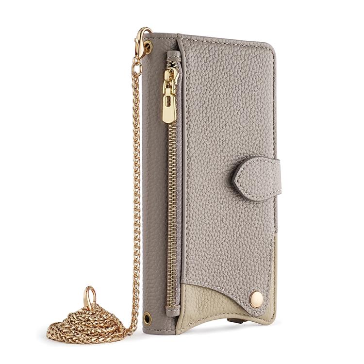 Funda de Piel de Lichi para iPhone 16 Plus Diseño de Cola de Pez y Cadena Cruzada (Gris)
