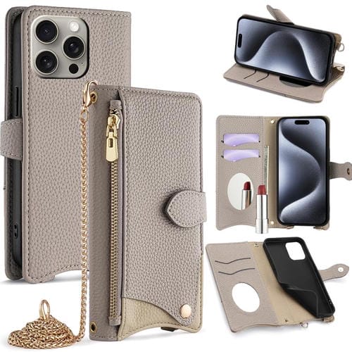Funda de Piel de Lichi para iPhone 15 Pro Diseño Cola de Pez y Cadena Cruzada (Gris)