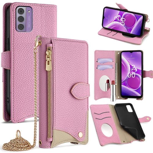 Funda para Teléfono Nokia G42/G310 con Cadena Cruzada y Cola de Pez de Cuero de Lichi (Rosa)