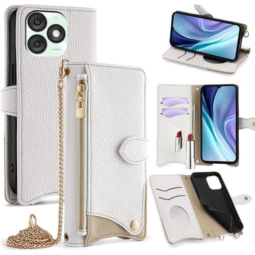 Funda para Teléfono Itel A50 con Cadena Cruzada y Cola de Pez de Cuero de Lichi (Blanca)