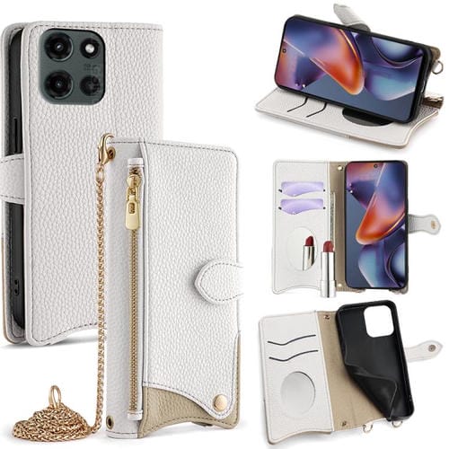Funda de Cuero con Cadena Cruzada y Diseño Cola de Pez para Motorola Moto G 2025 (Blanco)