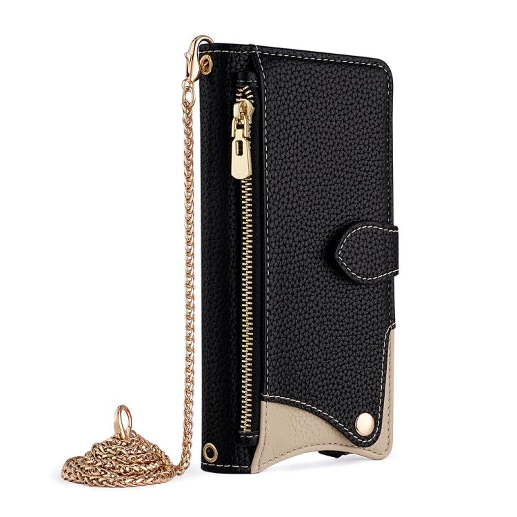 Funda de Cuero Tipo Lichi con Forma de Cola de Pez y Cadena Cruzada para Huawei Pura 70 (Negra)