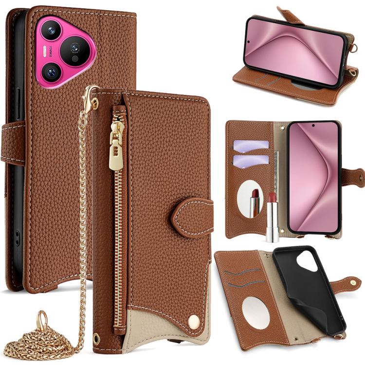 Funda de Cuero Tipo Lichi con Cola de Pez y Cadena Cruzada para Huawei Pura 70 (Marrón)