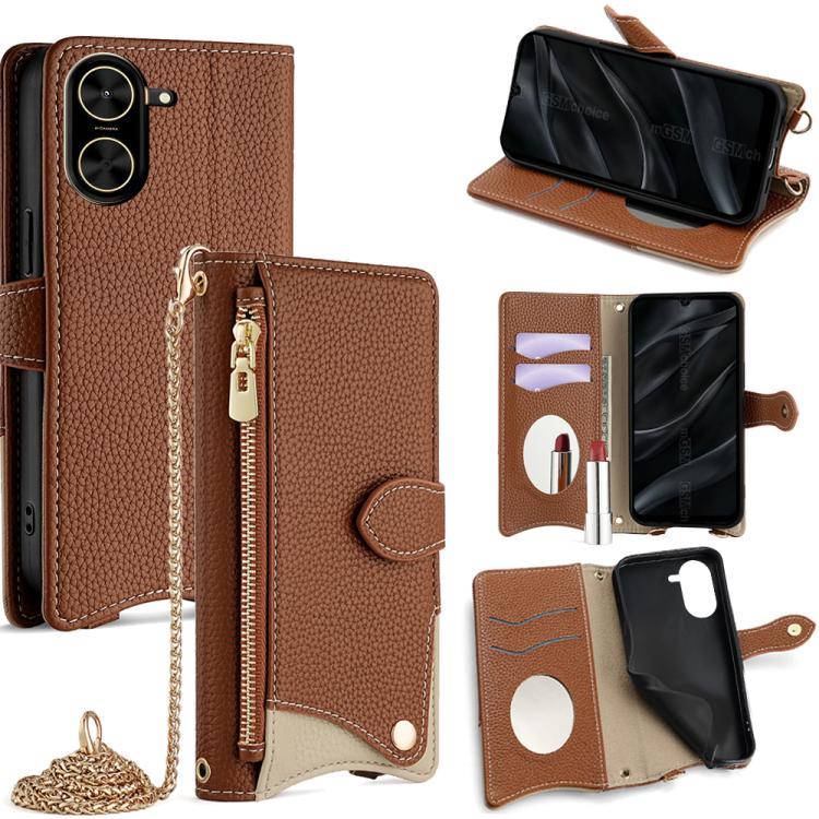 Funda de cuero de lichi con cadena cruzada y cola de pez para Redmi A5 4G (171,7 mm) (marrón)