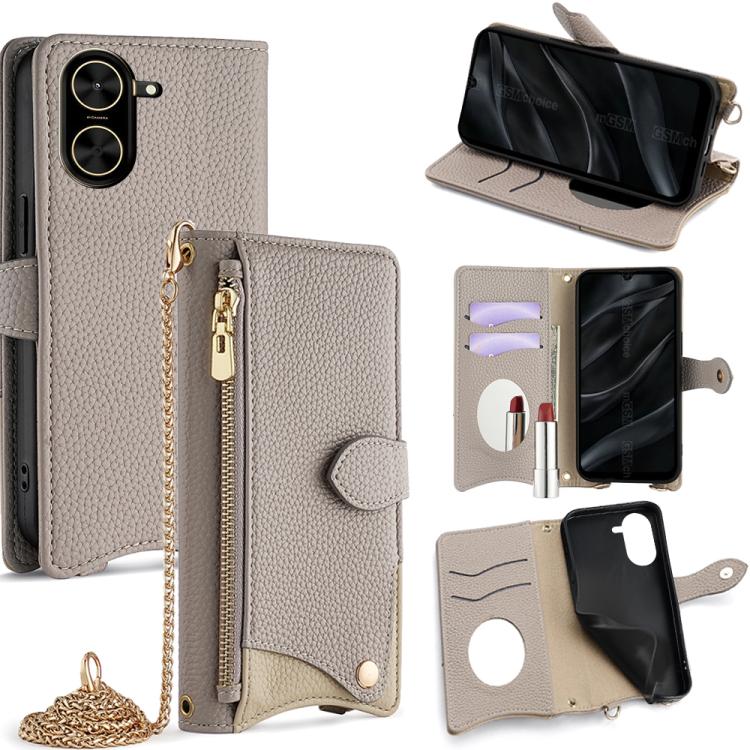 Funda de cuero lichi con cadena cruzada y cola de pez para Redmi A5 4G (171,7 mm) (gris)