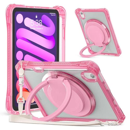 Funda híbrida TPU para iPad Mini 2024 Mini 6 con Asa de Anillo Giratorio (Rosa Roja)