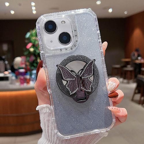 Funda para Teléfono iPhone 15 Plus Soporte Mariposa Espejo Purpurina Magsafe (Negra)
