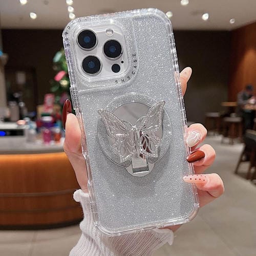 Funda para Teléfono iPhone 12 Pro Soporte Mariposa Espejo Purpurina Magsafe (Plateada)