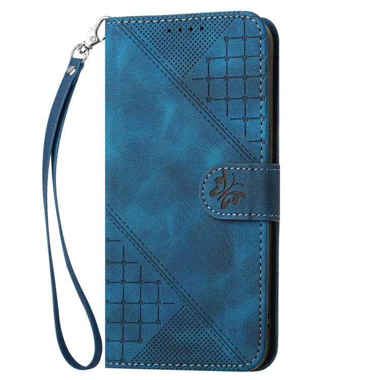 Funda de Cuero Itel A80 con Diseño en Relieve Mariposa y Cuadrícula con Cordón (Azul Oscuro)