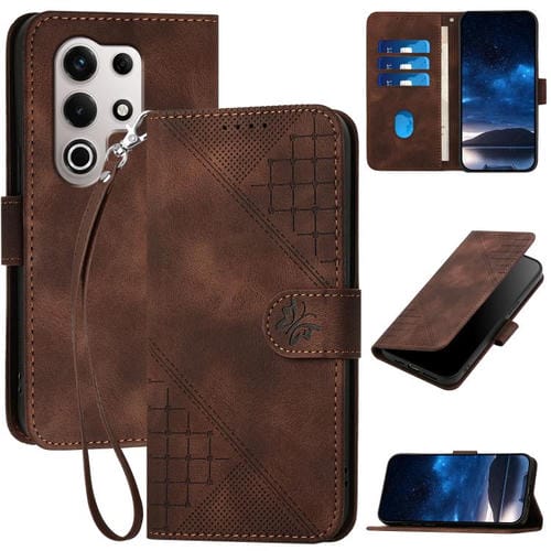 Funda de Cuero Itel S25 Ultra con Diseño Mariposa en Relieve y Cordón (Café)