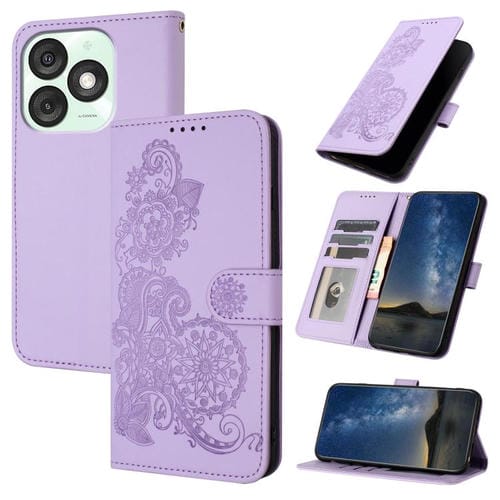 Funda de Cuero con Tapa para Teléfono Itel A50 con Diseño Flor de Datura en Relieve (Morado)