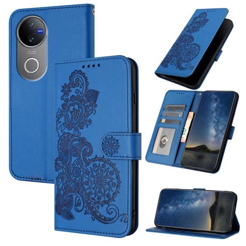 Funda de Cuero con Tapa y Relieve de Flor de Datura para Vivo V50 (Azul)