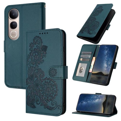 Funda de Cuero con Tapa y Relieve de Flor de Datura para Vivo V50 Lite 4G/5G (Verde Oscuro)