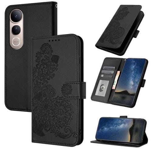 Funda de Cuero con Tapa y Relieve de Flor de Datura para Vivo V50 Lite 4G/5G (Negra)