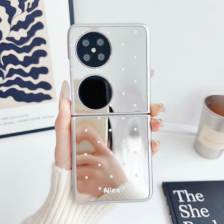 Estuche Plegable Huawei P50 con Diseño de Lunares y Espejo de Bolsillo (Blanco)