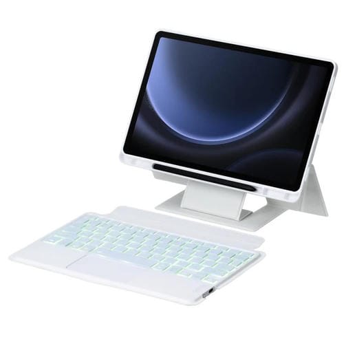 Funda de Cuero para Tableta Samsung Galaxy Tab S9 Fe/S9 con Teclado Retroiluminado Desmontable y Panel Táctil (Blanco)