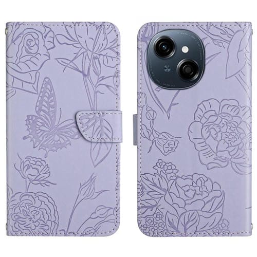 Funda de Cuero con Tapa y Mariposas En Relieve para Tecno Pop 9 4G/Spark Go 2025 4G (Morado)