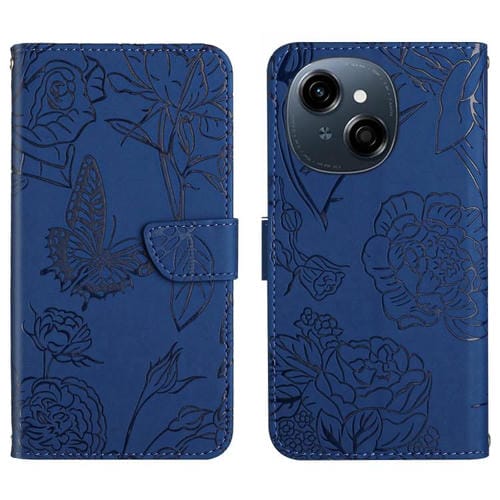 Funda de Cuero con Tapa y Mariposas en Relieve para Tecno Pop 9 4G/Spark Go 2025 4G (Azul)