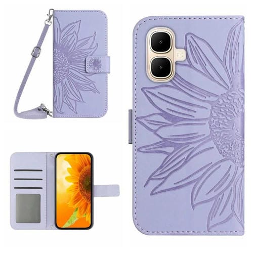 Funda de cuero con tapa y cordón para Infinix Smart 10 4G / Tecno Pop 10, con diseño de girasoles en relieve y tacto suave (morado)