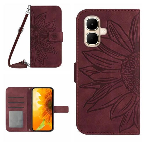 Funda de cuero con tapa y cordón para Infinix Smart 10 4G / Tecno Pop 10, con diseño de girasoles en relieve y tacto suave (rojo vino)
