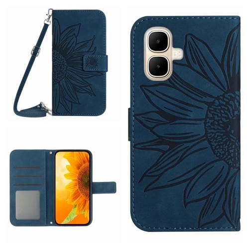 Funda de cuero con tapa y cordón para Infinix Smart 10 4G / Tecno Pop 10, con diseño de girasol en relieve y tacto suave (azul tinta)