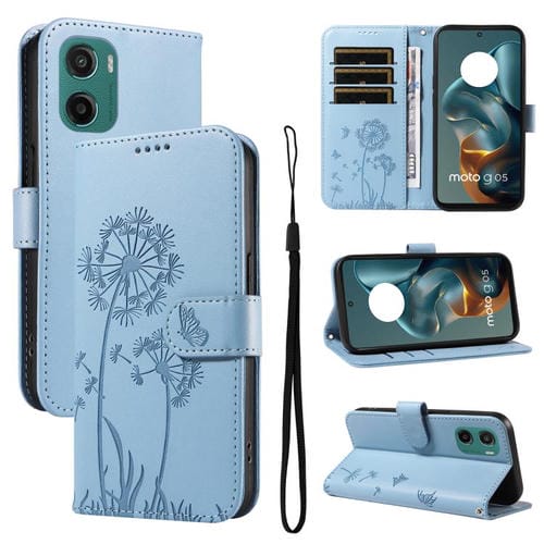 Funda de Cuero con Tapa para Motorola Moto G05 con Diseño de Diente de León en Relieve (Azul Cielo)