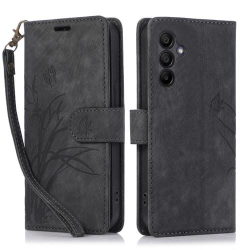 Funda de Cuero Samsung Galaxy A16 5G con Relieve Mariposa y OrquĂdea (Negra)