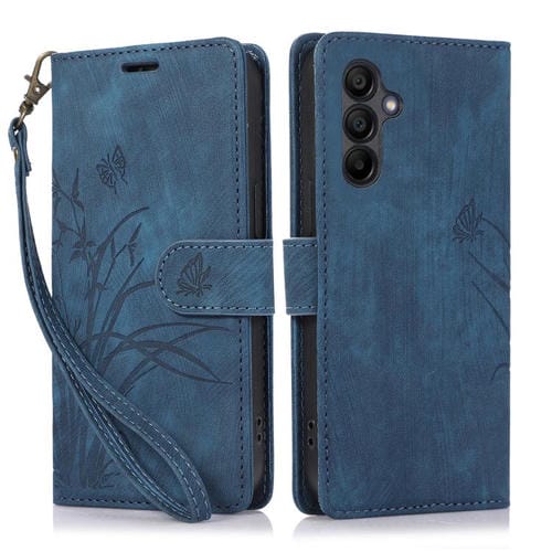 Funda de Cuero Samsung Galaxy A16 5G con Relieve de Mariposa y OrquĂdea (Azul)