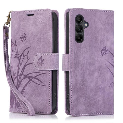 Funda de Cuero Samsung Galaxy A16 5G Relieve Mariposa y Orquídea (Morado)