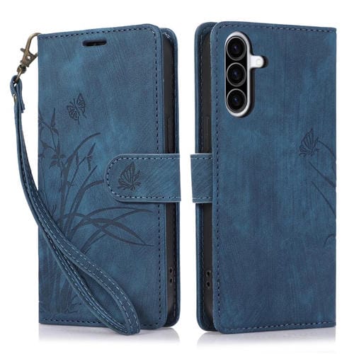 Funda de Cuero Samsung Galaxy A36 5G con Relieve de Mariposa y OrquĂdea (Azul)