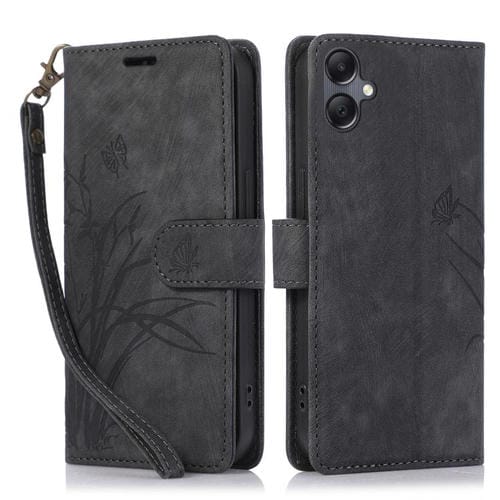 Funda de Cuero Samsung Galaxy A06 Relieve Mariposa y OrquĂdea (Negra)