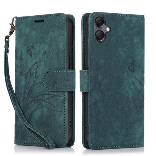 Funda de Cuero Samsung Galaxy A06 Relieve Mariposa y OrquĂdea (Verde)