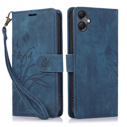 Funda de Cuero Samsung Galaxy A06 Relieve Mariposa y OrquĂdea (Azul)