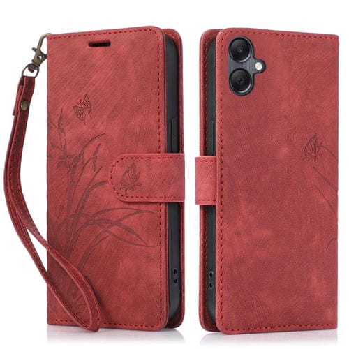 Funda de Cuero Samsung Galaxy A06 con Relieve Mariposa y OrquĂdea (Rojo)