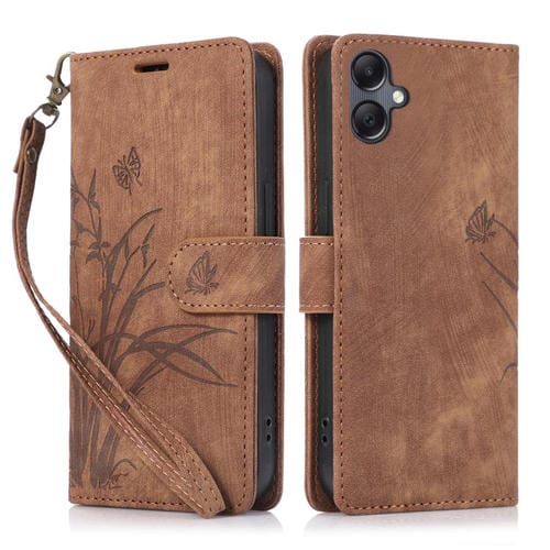 Funda de Cuero Samsung Galaxy A06 con Relieve Mariposa y OrquĂdea (MarrĂłn)