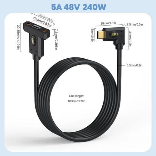 Cable de Extensión de Panel Fijo con Tornillos de Oreja, 240 W, Conector Macho Tipo C a Hembra Tipo C, 1,8 m